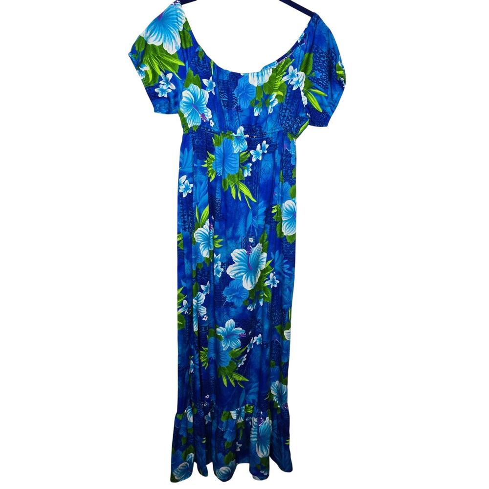 Vintage Kole Kole Hawaii Blue Tropical Hibiscus Floral Maxi Dress Sz 16